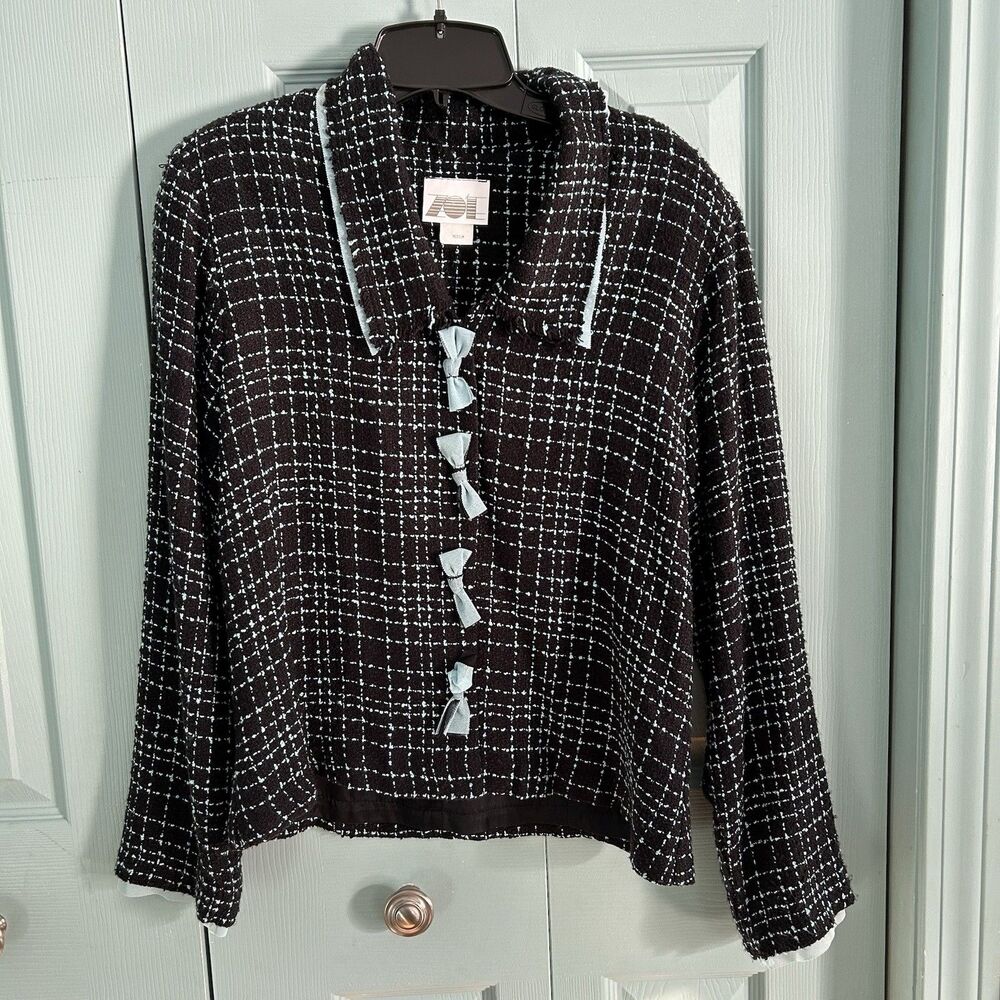 Vintage Zoe‎ Womens Button Front Woven Black Blue Blazer W/ Bows Medium